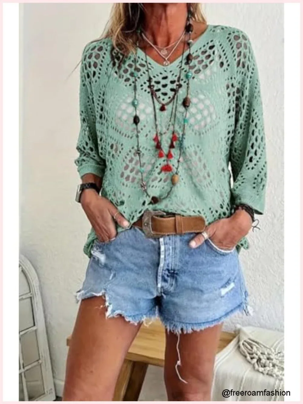 Crochet V-Neck Long Sleeve Loose Knit Top Beach Cover Up Tunic